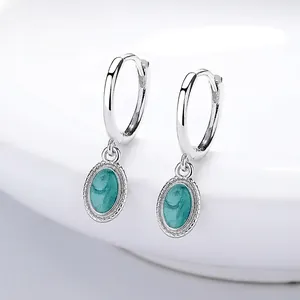 Vintage 925 Sterling Silver Hoop Earrings With Oval Green Enamel Drop Pendant Elegant Milgrain Border Fashion Jewelry For Women