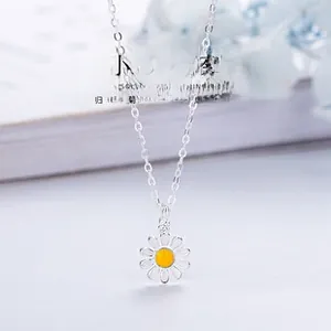 Detail of S925 silver daisy pendant with white enamel petals and yellow center