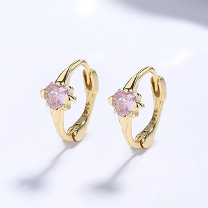 925 silver gold-plated hoop earrings with pink heart-shaped zircon stones