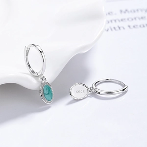 Elegant S925 sterling silver hoop earrings with emerald green oval marble pendants