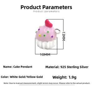Detail view of a 13x10mm S925 silver pink cupcake pendant with dimensions and weight info