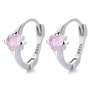 925 silver hoop earrings with pink heart-shaped zircon stones in a polished finish