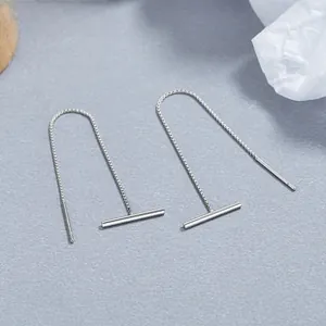 Minimalist 925 silver ear wire studs with box chain and solid cylindrical bar detail