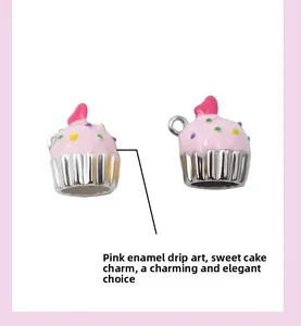 Detail of pink enamel heart cake pendant in S925 silver for DIY jewelry making
