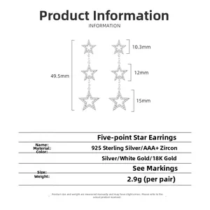 Size chart for 925 sterling silver star drop earrings with AAA+ zircon stones