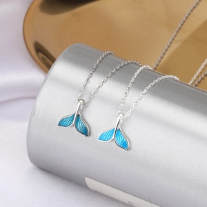 Colliers queue de sirène en argent S925 avec émail dégradé bleu sur socles argentés