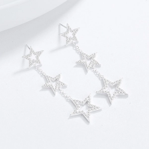 S925 sterling silver star drop earrings with sparkling zircon tassels on white background