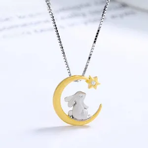 Detail of S925 silver moon and rabbit pendant necklace with sparkling star zircon