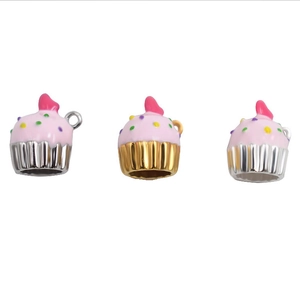 Three cute S925 silver birthday cake charms with pink glaze and colorful sprinkles decoration
