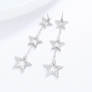 S925 sterling silver triple star drop earrings featuring detailed honeycomb micro-pave setting