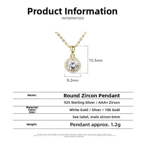 Vue détaillée des dimensions du pendentif en zircon et des spécifications en argent 925