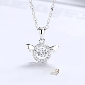 Detailed close-up of S925 silver angel wing necklace with a dancing stone pendant