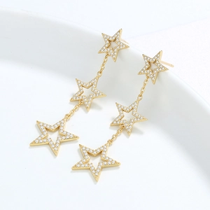 Elegant gold S925 sterling silver long drop earrings with pave star tassel design