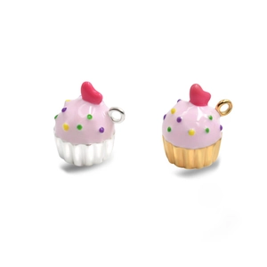 Pink enamel cupcake charms with heart detail and silver or gold S925 sterling silver bases