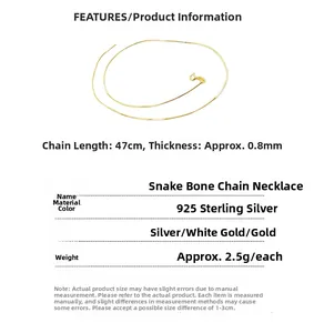 Detailed specs of 925 sterling silver 0.8mm snake chain necklace with 47cm length