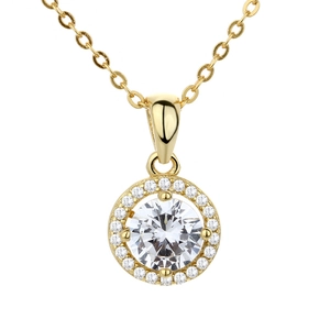 Collier avec pendentif rond en zircon cubique doré et sertissage halo de diamants fins