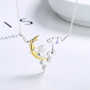 Elegant 925 Sterling Silver Rabbit Moon Pendant Necklace Artificial Moonstone Celestial Theme Fine Jewelry Gift For Women