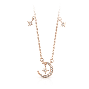 Collier Pendentif Lune et Étoile en Argent Sterling 925 pour Femme Incrusté de Zirconia Plaqué Or Rose Bijoux Raffinés