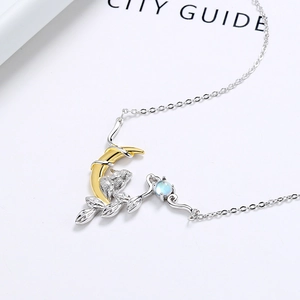 925 silver moon rabbit necklace with natural moonstone pendant and gold crescent moon