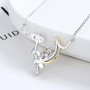 925 Sterling silver moon rabbit necklace with natural moonstone and gold accents