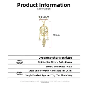 Macro detail showing dreamcatcher necklace dimensions with 925 silver and AAA zircon specs