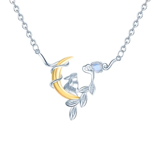 925 silver necklace with moon bunny pendant and blue moonstone in golden crescent