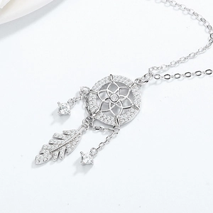 Dreamcatcher 925 sterling silver necklace with leaf charms and sparkling crystals