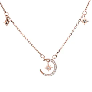 Collier en argent sterling 925 doré rose avec pendentif lune et étoile et zircon
