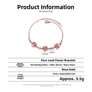 Detailed view of rose gold clover bracelet with pink stone and dimension labels