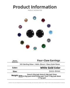 Detailed size chart for 925 silver zircon stud earrings ranging from 3mm to 8mm