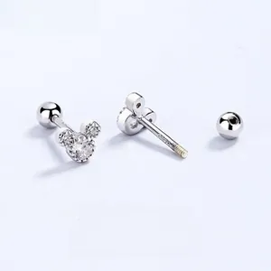 Detail of Mickey head 925 silver stud earrings with sparkling cubic zirconia and screw backs