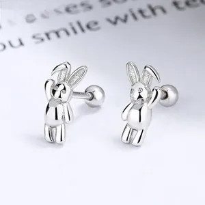 Macro view of 925 sterling silver rabbit stud earrings with screw back closure