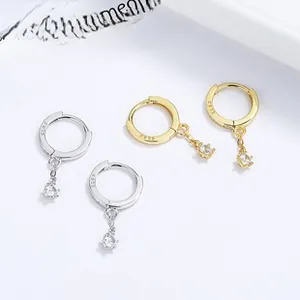 Detail of S925 sterling silver hoop earrings with round cut zircon crystal pendants