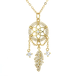Golden dreamcatcher necklace with sparkling crystal feather pendant in 925 silver