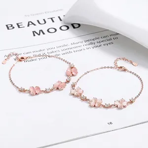 925 Sterling Silver Rose Gold Four Leaf Clover Bracelet For Women Heart Pink White Rhinestone Crystal Adjustable Bracelet Jewelry Gift