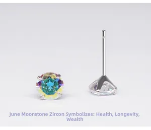 Detailed view of 925 silver stud earring featuring a four-prong set rainbow zircon stone