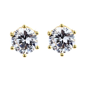 Classic S925 silver six-prong cubic zirconia stud earrings with elegant gold finish