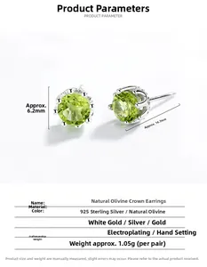 Detail view of 925 sterling silver peridot crown stud earrings with precise measurements