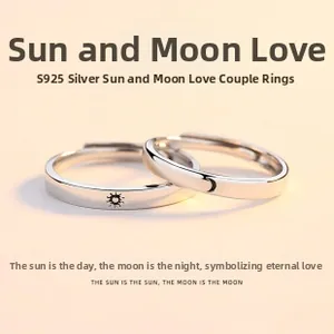 Macro view of S925 sterling silver sun and moon couple rings with adjustable opening