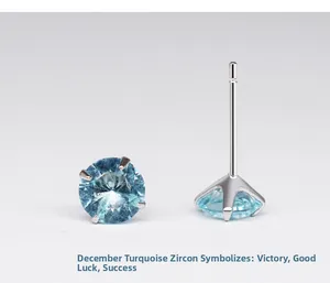Detail of 925 sterling silver stud earring with December turquoise zircon in four-prong setting