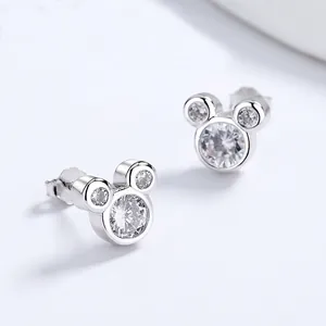 Sparkling 925 sterling silver Mickey mouse stud earrings with brilliant zircon stones