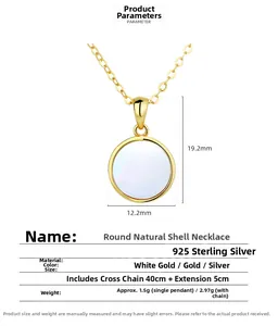Vue détaillée des dimensions d'un pendentif rond en nacre blanche et argent 925 doré