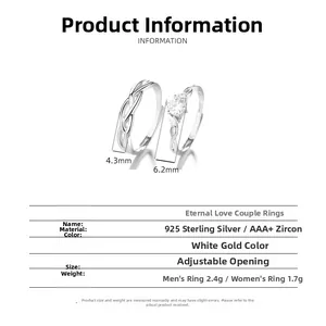 Dimensioni dettagliate degli anelli di coppia in argento 925 con zircone AAA e oro bianco