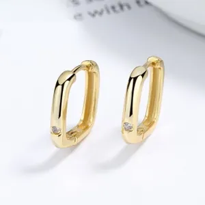 Detailed view of 18K gold plated rectangular hoops with tiny zircon stone inlay