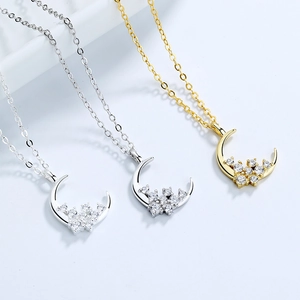 Elegant S925 sterling silver crescent moon and star pendant necklaces with pavé diamonds
