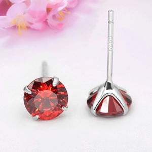 925 sterling silver four-prong stud earrings with vibrant round red zircon gemstones
