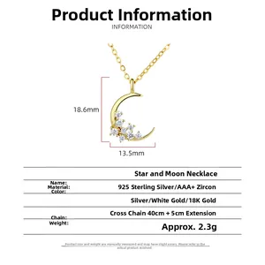 Detail view of S925 sterling silver moon and star pendant with AAA+ cubic zirconia size specs