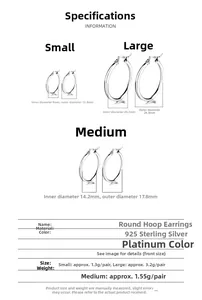 Size chart for 925 sterling silver hoop earrings with inner and outer diameter details