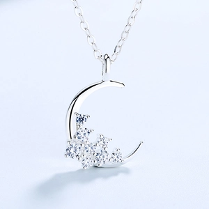 Elegant S925 sterling silver moon pendant necklace with sparkling zircon stones