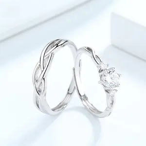 Anelli di Coppia in Argento Sterling 925 per Uomo Donna Regolabili Aperti Design Intrecciato Zirconia Regalo di San Valentino